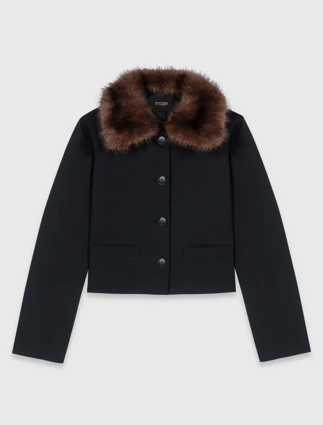 Cropped jacket with removable fur collar Cropped jacket with removable fur collar