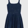 Flared embroidered denim dress