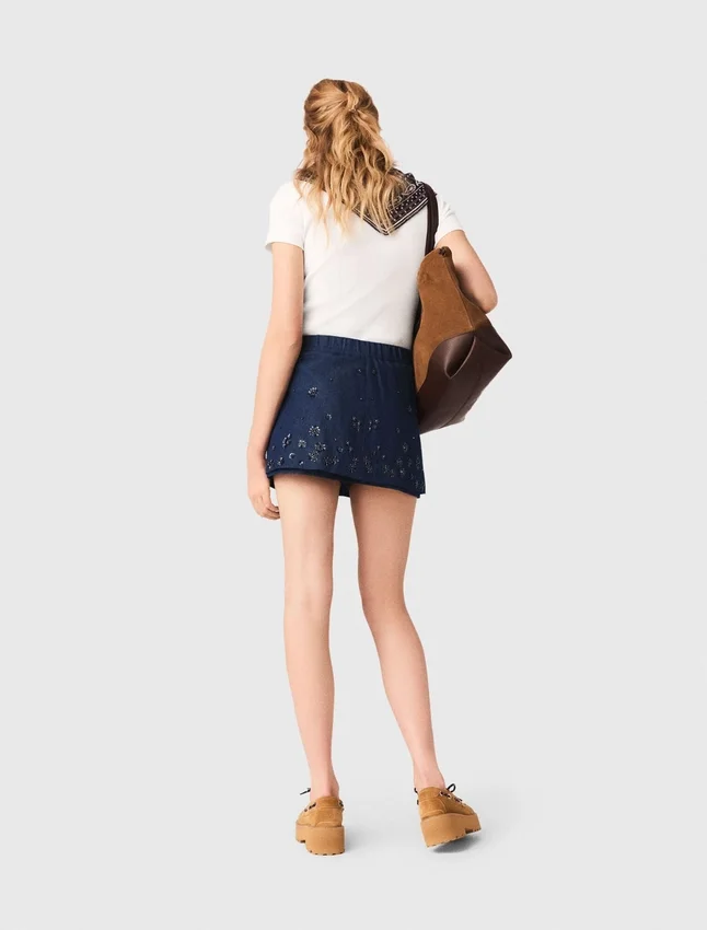 Layered effect embroidered denim skort Layered effect embroidered denim skort