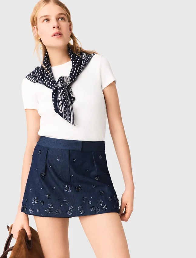 Layered effect embroidered denim skort Layered effect embroidered denim skort