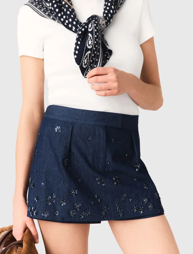 Layered effect embroidered denim skort Layered effect embroidered denim skort