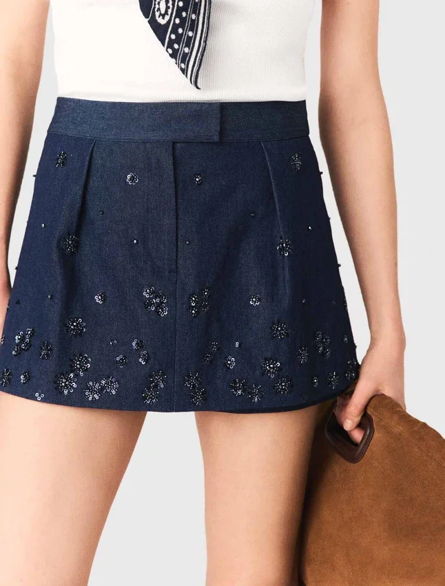 Layered effect embroidered denim skort Layered effect embroidered denim skort