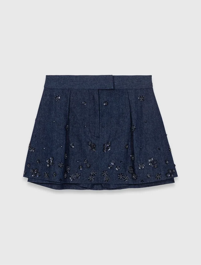 Layered effect embroidered denim skort Layered effect embroidered denim skort