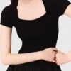 Long ribbed knit and taffeta dress