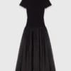 Long ribbed knit and taffeta dress