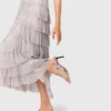 Metallic ruffled midi dress