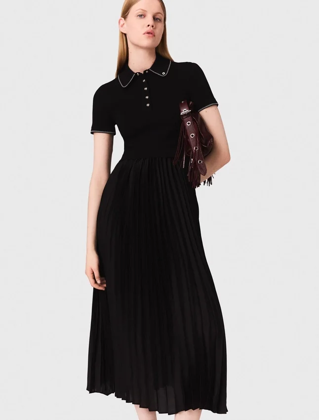 Pleated maxi dress with polo collar Pleated maxi dress with polo collar