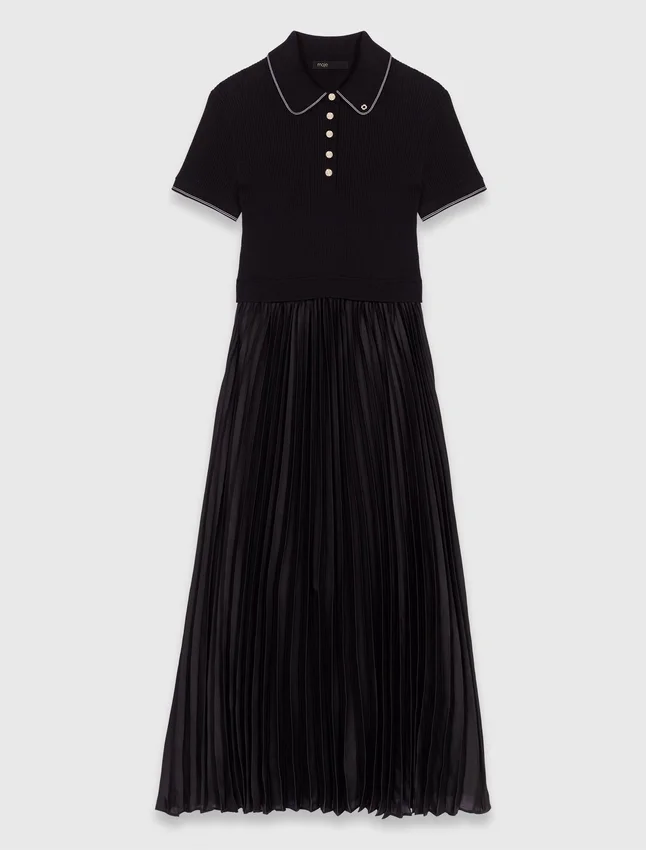 Pleated maxi dress with polo collar Pleated maxi dress with polo collar