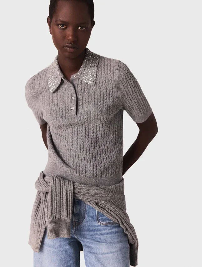 Wool polo shirt with rhinestone collar Wool polo shirt with rhinestone collar
