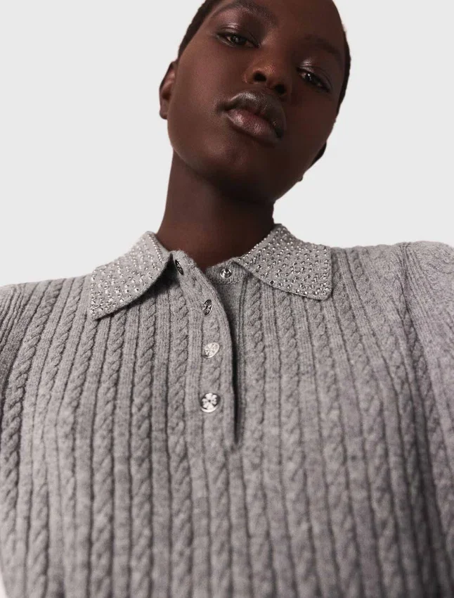Wool polo shirt with rhinestone collar Wool polo shirt with rhinestone collar