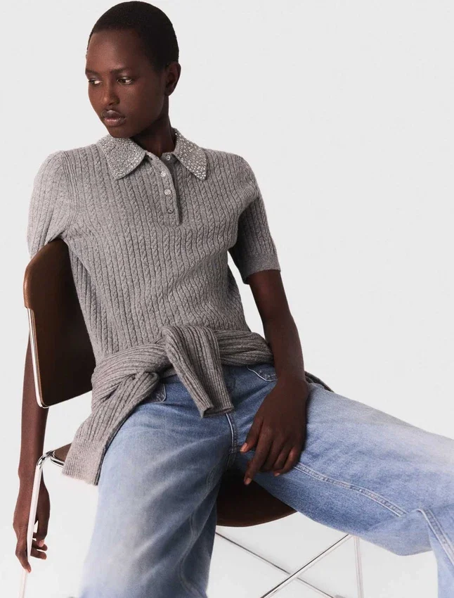 Wool polo shirt with rhinestone collar Wool polo shirt with rhinestone collar