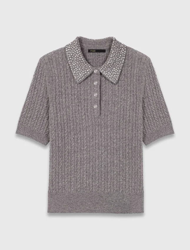 Wool polo shirt with rhinestone collar Wool polo shirt with rhinestone collar